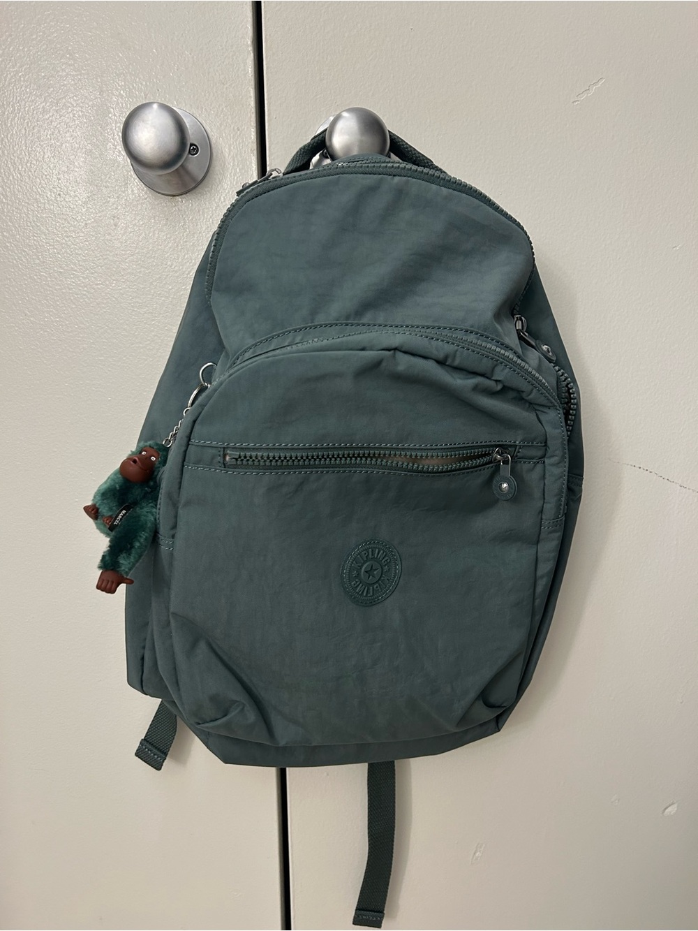 Kipling Teal Green Nylon Backpack with Monkey Charm